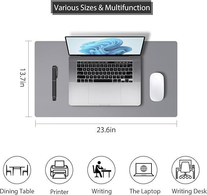 Leather Desk Pad Protector, Mouse Pad, Non-Slip Computer Mat for Desk, PU Leather Office Desk Mat for Home & Office, Waterproof Laptop Desk Blotter Pad for Keyboard and Mouse, Grey (13.7''X23.6'')