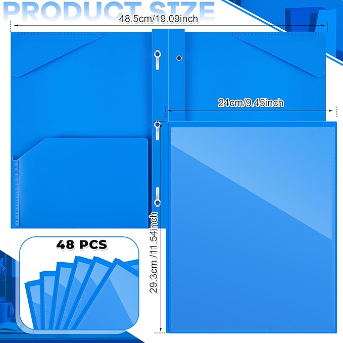 Henoyso 48 Pcs Plastic Folder with Clear Front Pocket and 3 Prongs Heavy Duty Plastic Folders with Card Slot Pocket Folders with Prongs for School Office Home(Blue)