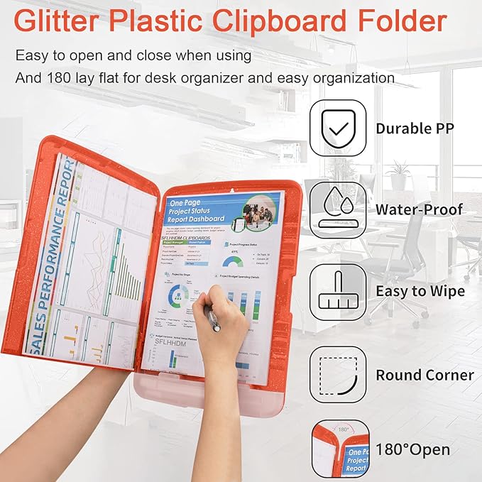 Glitter Clipboard with Storage,Storage Clipboard with Pen Holder,A4 Binder Clip Boards 8.5x11 with Low Profile Clip,Side Opening Sparkle Clipboards, Clipboards Folder for Office Supplies-Orange