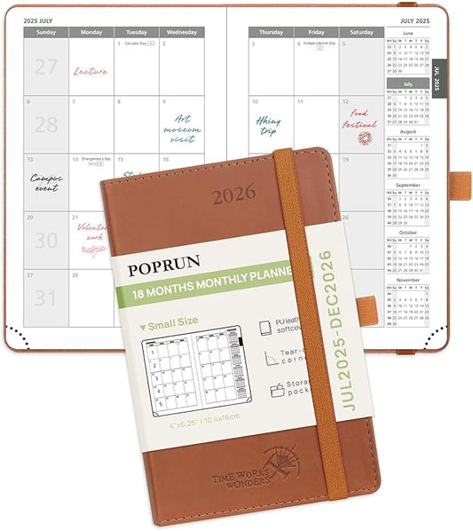POPRUN Pocket Monthly Planner 2025-2026 (Pocket- 4''x 6.25''Soft Leather Cover) - 18 Month Calendar Book for Purse (Jul.2025-Dec.2026), 100 GSM Thick Paper - Brown