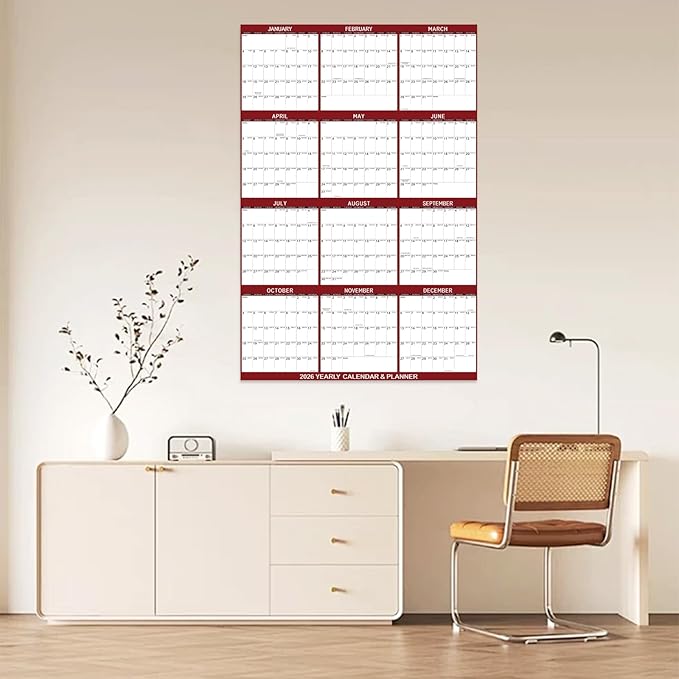 2026 Wall Calendar 24" x 36" Dry Erase Calendar for Wall from January 2026 to December 2026 12 Month Annual Large Yearly Wall Planner for Office School(Red)