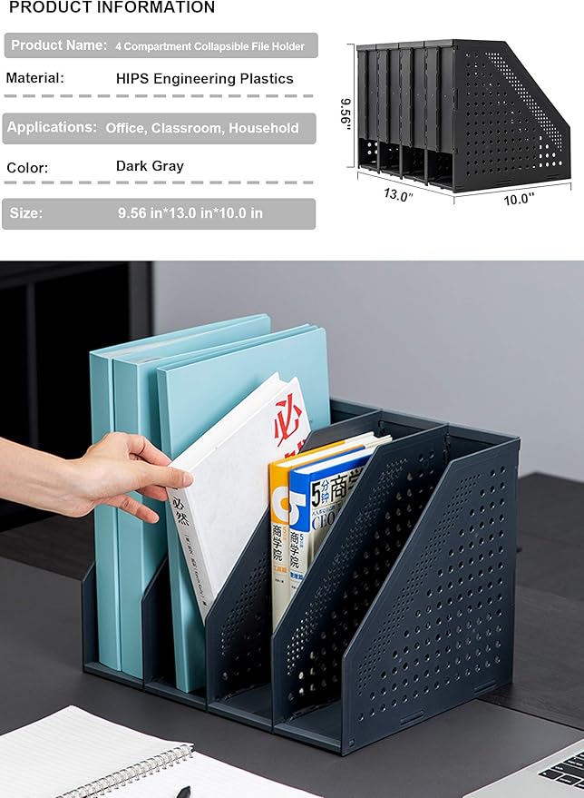 Leven Collapsible Magazine File Holder/Desk Organizer for Office Organization and Storage with 4 Vertical Compartments