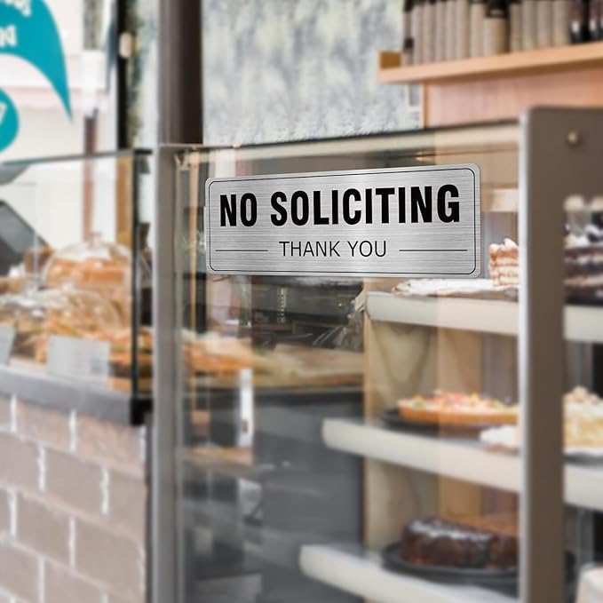 No Soliciting Sign Aluminum Silver 9 x 3 Inches Self-Adhesive Waterproof Metal Door Wall Sign for Business Houses 4 Pack