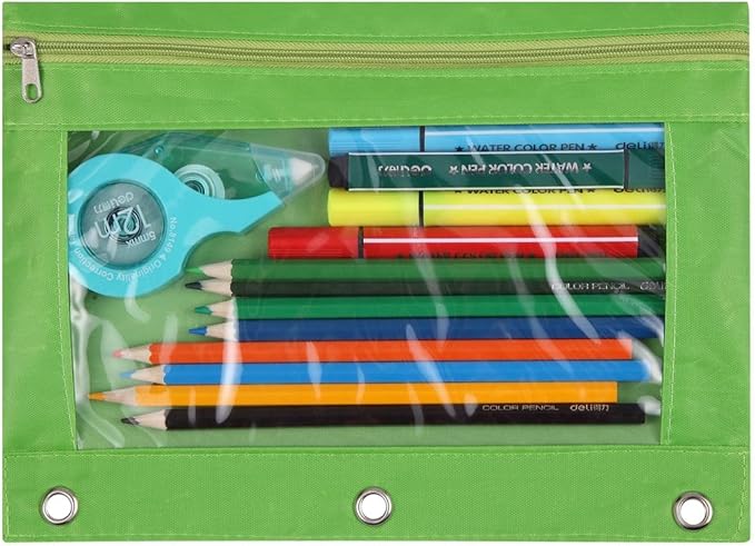 18-Packs 3 Ring Pencil Pouch with Clear Window School Classroom Binder Pocket Case Office Stationery Bag Green