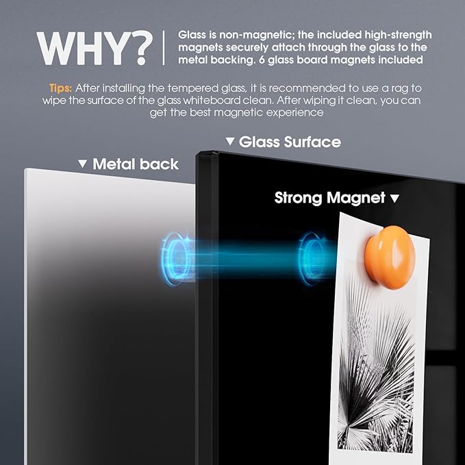 MaxGear Glass White Boards 96x48 Inches, Wall Mounted Magnetic Dry Erase Board Black, Large Frameless Whiteboard with 1 Eraser,3 Markers and 6 Magnets for Office, School, Home