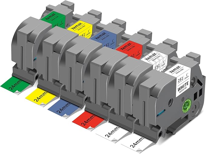 Multi-Color Tze 24mm 0.94" Label Tape Compatible for Brother P Touch Tz Tape Laminated 1 Inch Refills for PTouch PT-D600 PT-D610BT PT-P710BT PTP750W, White/Clear/Red/Blue/Yellow/Green, 6 Pack