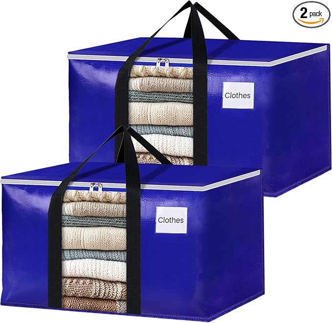 BlissTotes 2 Pack Moving Bags with Clear Window, Storage Bags with Strong Carrying Handles & Zippers,Large Packing Bags for Saving Space, Alternative to Moving Boxes(Blue,24 Gallon)