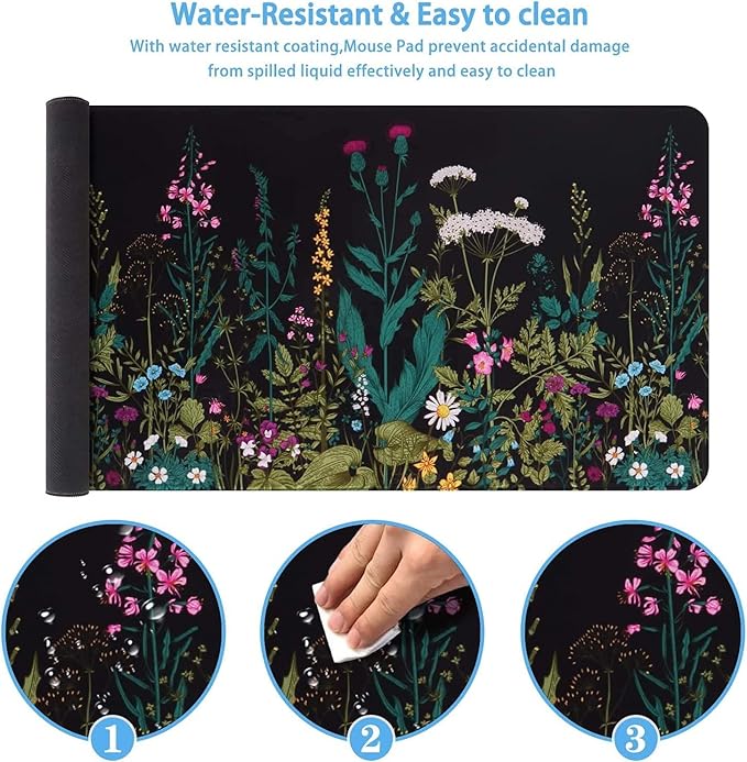 iCasso Desk Mat, Big Desk Pad, XXL Extended Gaming Mouse Pad, Large Mouse Pad for Desk Protector, Rubber Base Mousepad with Stitched Edges, Keyboard Mouse Mat for Work, Game, Office, Home - Weeds