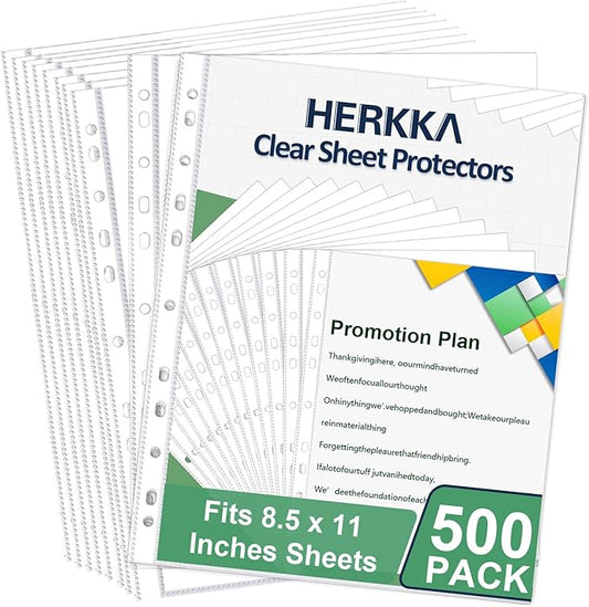 Sheet Protectors, HERKKA 500 Pack Heavy Duty Page Protectors Holds 8.5 x 11 inch Sheets, 9.25 x 11.25 inch Top Loading, Clear, Reinforced 11-Hole Fit for 3 Ring Binder