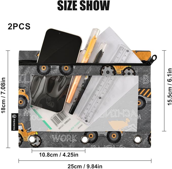 ZAZYXTJ Truck Binder Pencil Pouchs 3 Ring with Zipper Clear Window Office Organizers bag for School Students Teacher Supplies 2 Pack