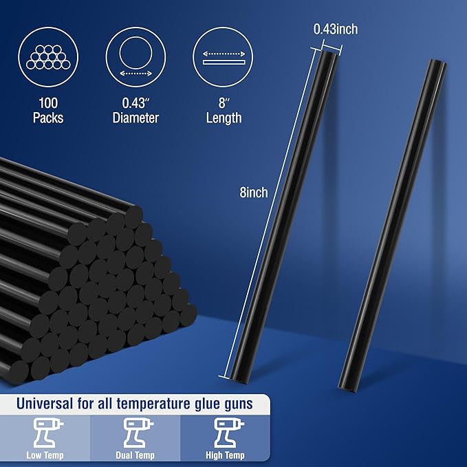 WORKPRO 100 Pack Black Hot Melt Adhesive Glue Sticks for All-Temp Glue Guns, 0.43x8 Inches, Multipurpose for DIY Craft General Repairs, Home Decorations and Gluing Projects