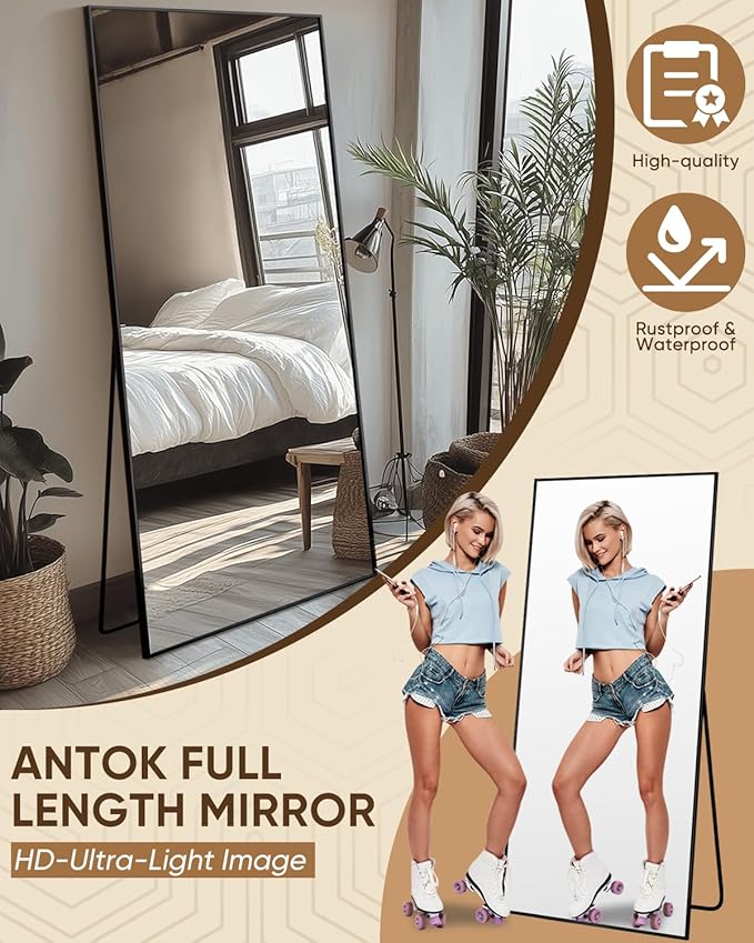 Antok Full Length Mirror, 71"x32" Floor Mirror, Floor Standing Freestanding Full Body Mirror with Stand for Bedroom, Hanging Mounted for Living Room Cloakroom, Black