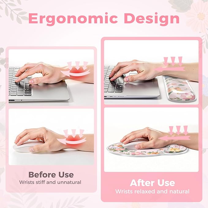 iCasso Gel Wrist Rest for Keyboard and Mouse,Pink Mouse Pad Wrist Support for Typing Pain Relief,Silicone Ergonomic Keyboard Cushion Non-Slip,Cute Computer Wrist Rest for Women Girl