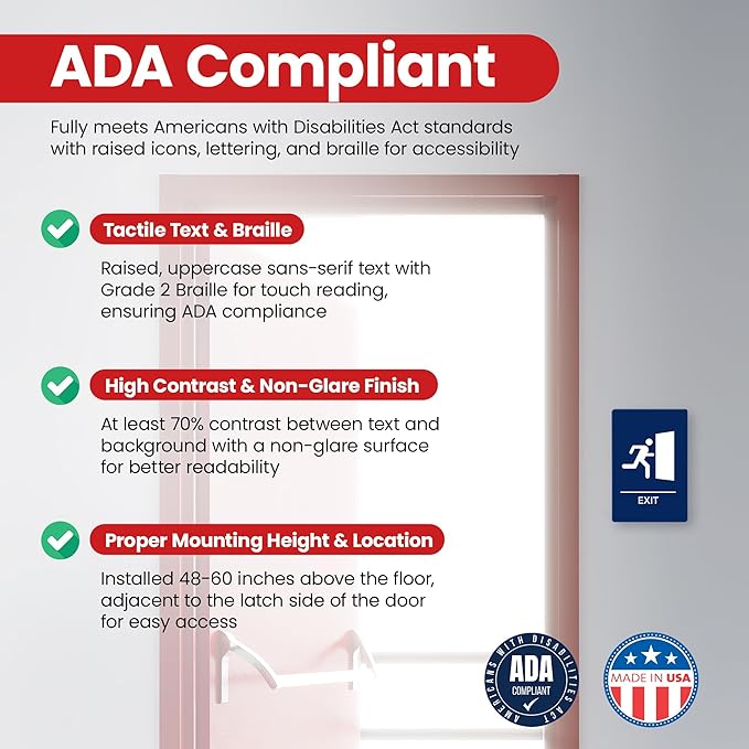 Promot Exit Sign – ADA Braille Exit Sign for Business, Self-Adhesive, 9" x 6", Commercial Door Signage, Office Wall Decor - Blue