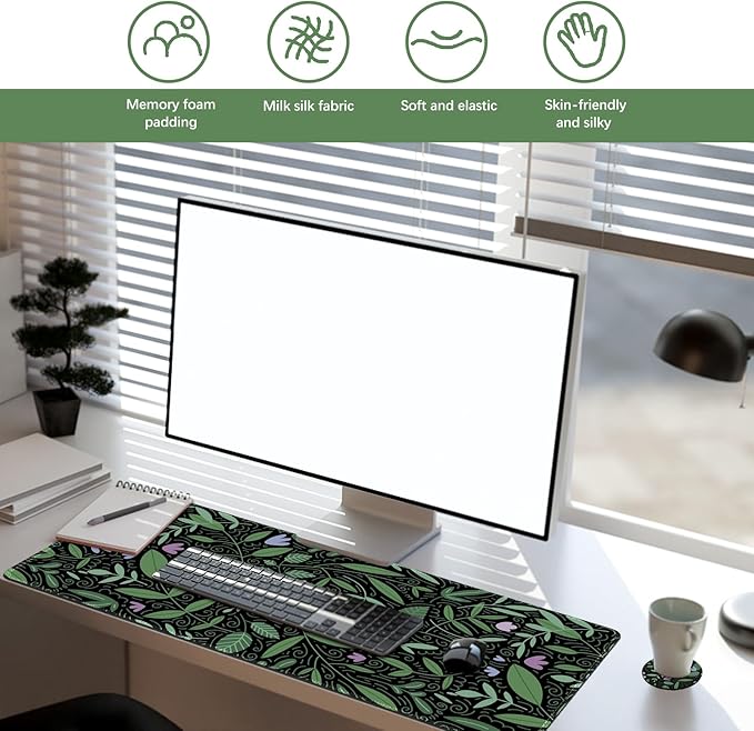 DINKY Keyboard Mouse Pad Set, Large Gaming Mousepad, Memory Foam Ergonomic Keyboard Wrist Rest Support, Extended Desk Mat Cushion pad for Office,Home, Green Leaves Plant
