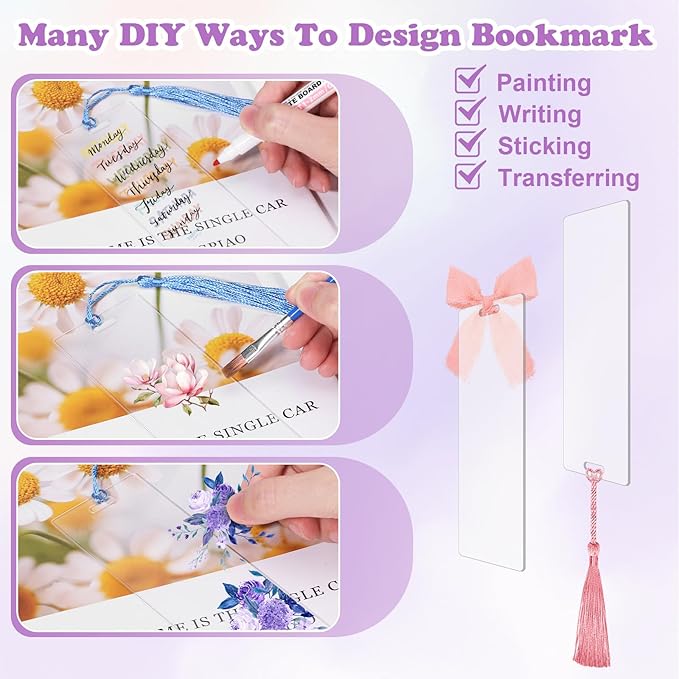 100 Pieces Acrylic Bookmark Blanks, Clear Acrylic Bookmarks with 30 Pieces Tassels and 4 Rolls Chiffon Silk Ribbon, Transparent DIY Bookmarks for Book Lover Crafts Present Tag Reading Accessories