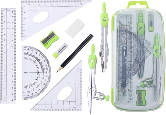 Math Geometry Kit Sets 10 Piece Student Supplies with Shatterproof Storage Box,Includes Rulers,Protractor,Compass,Eraser,Pencil Sharpener,Lead Refills,Pencil,for Drafting and Drawings（Green）