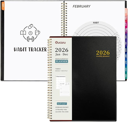 Oucaru 2026 Planner, Weekly and Monthly Planning Calendar, Jan 2026 - Dec 2026, 8.5" x 11", Spiral Bound, 12 Habit Trackers & Monthly Tabs, 2 Storage Pockets, Perfect for Office Home School Supplies