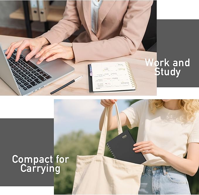 RETTACY 2026 Planner, Weekly and Monthly, Medium Size (5.7" x 8.3"), Jan - Dec 2026, Agenda, Calendar, 12 Month Tabs, Flexible Plastic Cover, 100 GSM Thick Paper, Spiral-bound (Black)