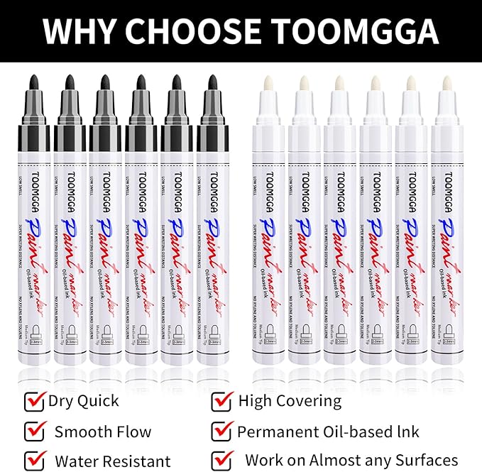 White and Black Permanent Markers Paint Pens - 12 Pack Oil Based Paint Markers, Medium Tip, Quick Drying Pens for Wood, Metal, Rock Painting, Mugs, Canvas, Clothes, Plastic Marking