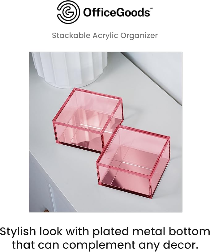 OfficeGoods 3-Tier Stackable Acrylic Holder- Stylish Desk Organizer and Storage for Office or Home – Transparent Square Design, Pink with Silver Metal Base