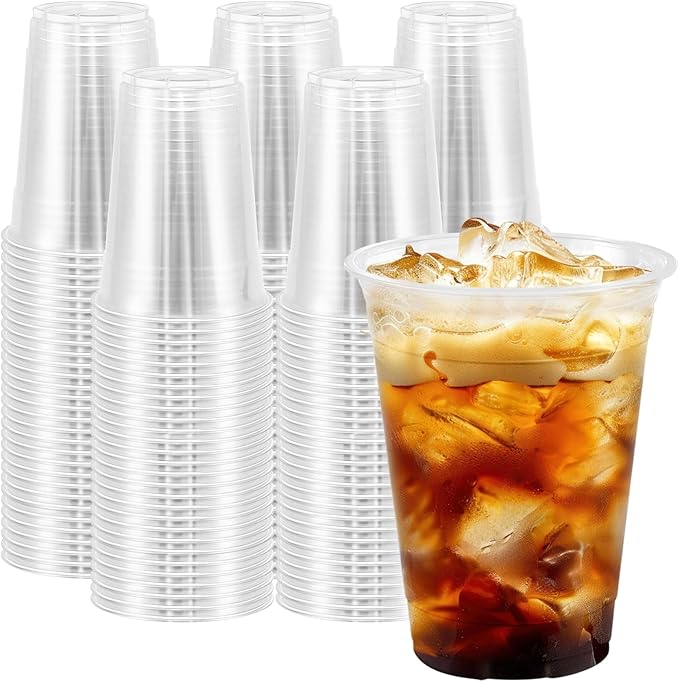 300 Pack 16 oz Clear Plastic Cups, Disposable Plastic Coffee Cups No Lids, Cold Drinking Cup, PET Crystal Clear Cup Bulk, 16 oz Drinkware for Travel, Office, Home