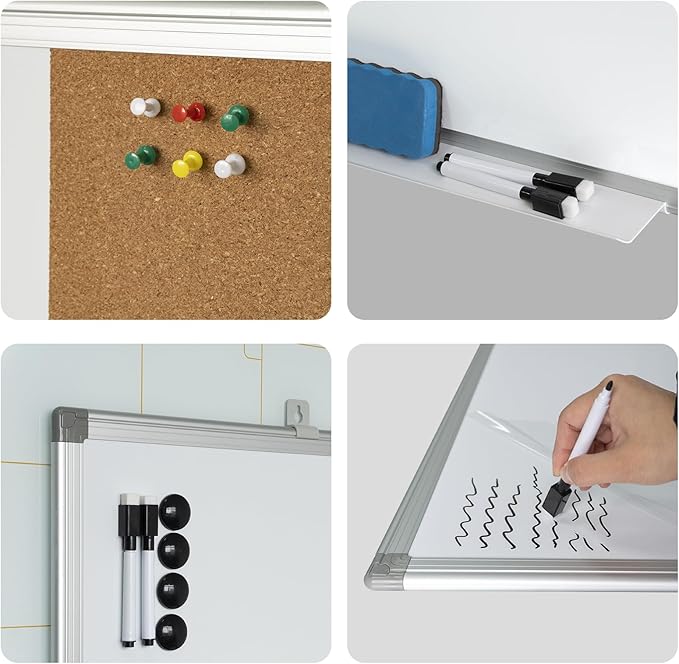 Combination Writeboard 24"x 18" Magnetic Whiteboard & Cork Board Aluminium Frame Dry Erase Board Bulletin Board Wall Mounted Memo Message