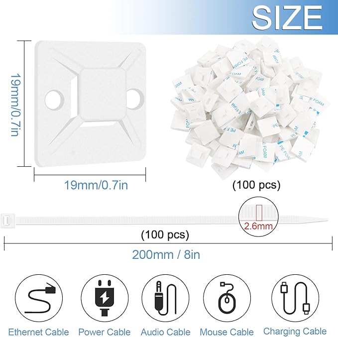 Zip Tie Mounts - SeuYeugX 1000 PCS Cable Self Adhesive Mounts Set for Wire Management with Stick Pads Anchors Clips Squares Holders (White)