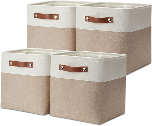 DULLEMELO 11 inch Cube Storage Bins, Large Collapsible Grey Storage Baskets for Square Cubes Organizing, Fabric Boxes Bins for Shelves Nursery Home Office Storage(4 Pack - 11" White&Khaki)