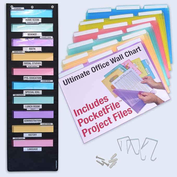 Ultimate Office WalMaster Heavy Duty, 10-Pocket Wall Chart Filing System WITH LABEL HOLDERS for Classroom and Office, Wall File Organizer PLUS 18 PocketFiles, Mounting Hardware & Door Hooks