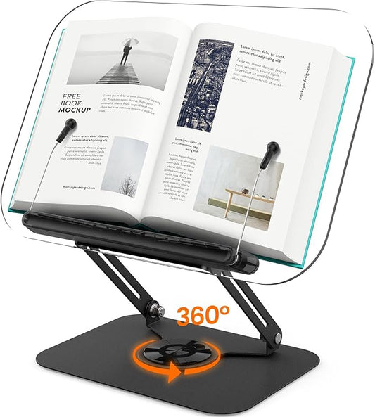Acrylic Book Stand for Reading, Adjustable Book Holder with 360° Rotating Base & Elastic Page Clips, Foldable Desktop Riser Stand for Cookbook,Laptop,Tablet,Music Scores,Recipe,Textbook (Black)