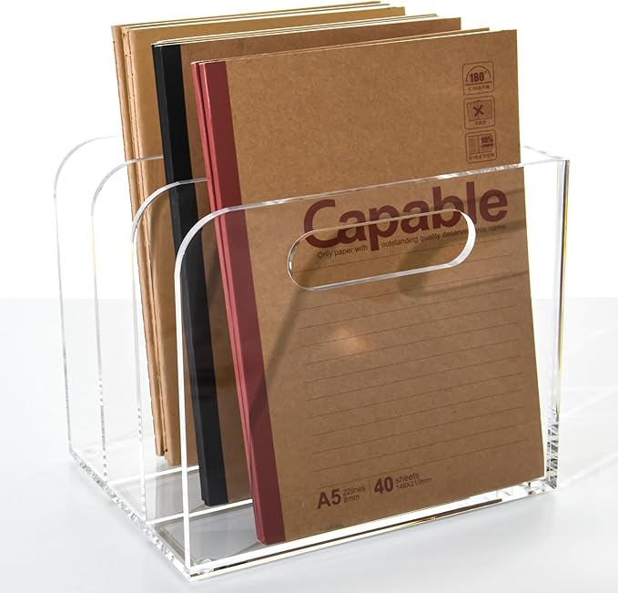 3 Vertical Compartments Clear Acrylic Desk Document Organizer & Storage Bins for Magazines, Binders, Notebooks, and Envelopes - Multipurpose Home Office Organizer - Innovative handle design