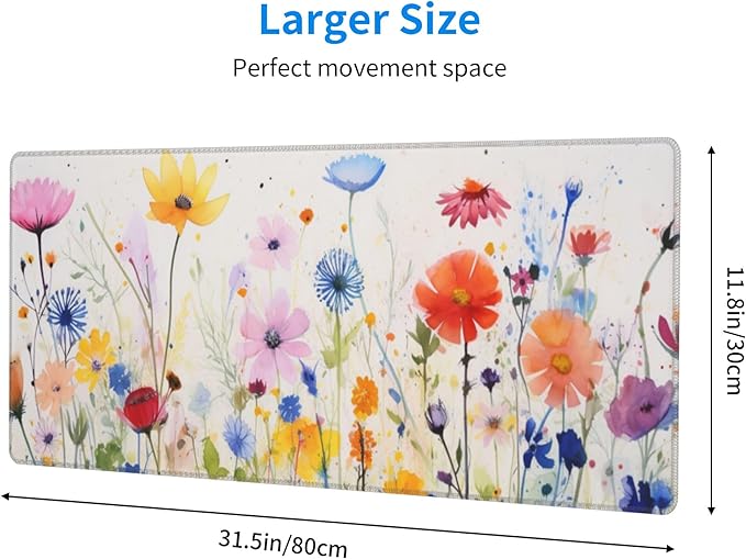 Cute Wildflowers Pattern Mouse Pad 31.5 x 12 Inch, Non-Slip Rubber Base, Ergonomic Design for Pain Relief, Perfect for Computer Users