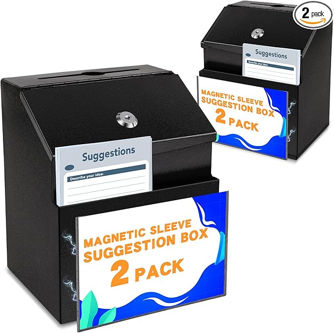Suggestion Box with Slot and Lock 2 Pcs Metal 8.4 x 5.8 x 7.0 in Built-In Storage Compartment with Magnetic Sign Holder 100 Suggestion Card Tip Jar Ballot Voting Prayer Comment Mailbox