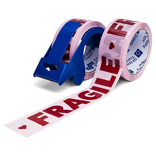 2 Rolls Fragile Packing Tape + Dispenser, Pink Burgundy Heart Cute Designer Packaging and Shipping Supplies for Small Business, 1.88" x 110 Yards (330 feet), Two 55 Yard Rolls