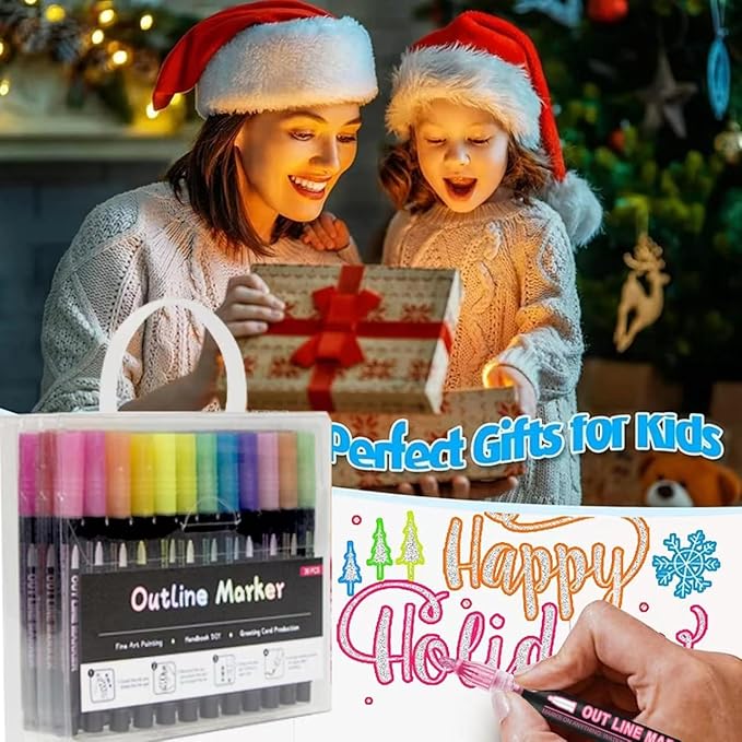 Double Line Super Squiggles Glitter & Metallic Markers, 36 Colors - Self Outline Pens for Doodle Art, Greeting Cards & Crafts