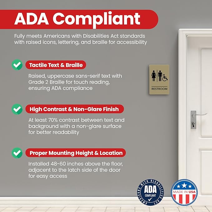 Promot Unisex Handicap Bathroom Sign – ADA Braille Restroom Sign for Business, Self-Adhesive, 9" x 6", Commercial Door Signage, Office Wall Decor - Taupe