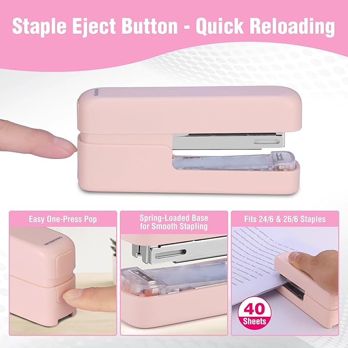 WORKPRO 2-in-1 Stapler with Staples, Pink Stapler with Staple Remover, 40 Sheet Capacity, Flat Clinch, Storage Space, Includes 2000 Standard Staples - Non-Slip Office Staplers for Desk, Pink Ribbon