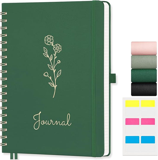 EMSHOI B5 Graph Grid Notebook - 140 Pages 100GSM Grid Paper, Vegan Leather Floral Cover with Spiral Binding for Engineering, Bullet Journaling, School & Work - Includes Ruler, Pockets -Dark Green