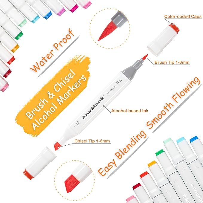 AnyMark Alcohol Markers Brush Tip, 120+1 Colors Dual Tip Brush & Chisel Alcohol-Based Art Markers Set with Case for Kids Adult Artists Drawing Coloring