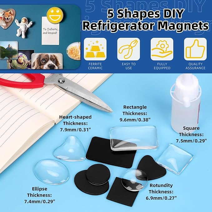 Glarks 72pcs Fridge Magnets Craft Set Round/Oval/Square/Heart/Rectangle Shape Ferrite Ceramic Magnets with Adhesive Backing and Transparent Glass Cabochons for Fridge Office Locker Whiteboard Making