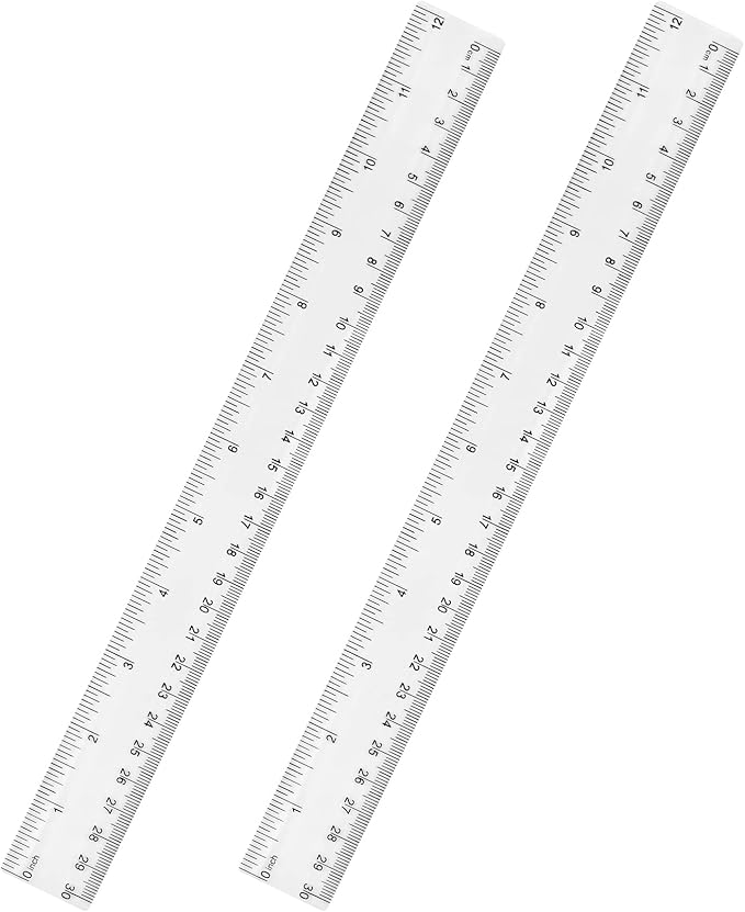 Clear Plastic 12 Inch Straight Ruler, Shatterproof With Inches and Centimeters for School Classroom, Home, or Office (2pcs)