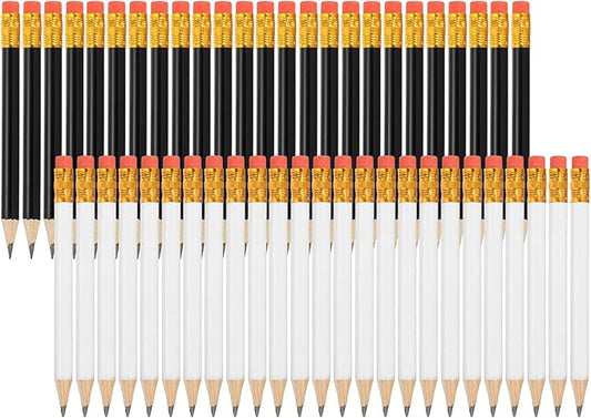 MECCANIXITY Golf Pencils with Erasers, 4" HB Mini Half Pencils Pre Sharpened Small Pens for Wedding Bridal Shower Game Office Writing Drawing(White/Black, Pack of 50)