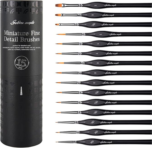 Golden Maple Miniature Paint Brushes, 15PC Model Brushes Micro Detail Paint Brush Set, Fine Detailing for Acrylics, Oils, Watercolors & Paint by Number, Figurine (Black)