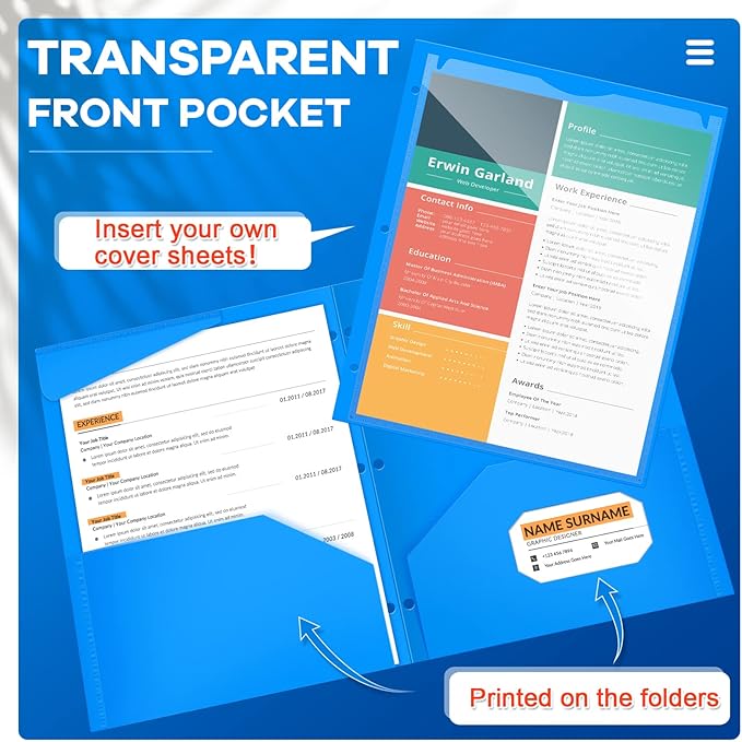 Henoyso 36 Pcs 2 Pocket Plastic Folders with Clear Front Pocket 3 Hole Punched File Folder Letter Size Take Home Documents Holder for Paper Holder Office Business Back to School Supply (Blue)