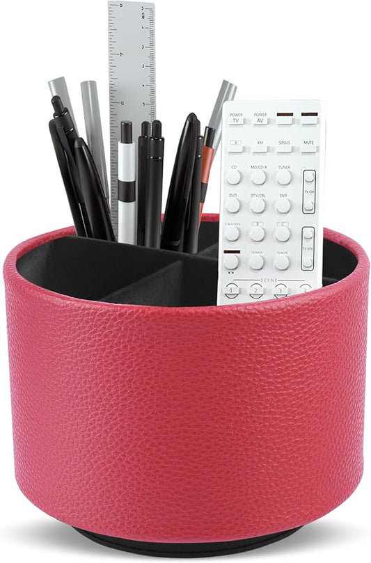 Hennaja Round Leather Art Supply Organizer,Remote Control Holder,360 Degree Spinning,Multi-Functional Pencil Holder,4 Compartments Desktop Stationary Organizer(1-Lichee Red)