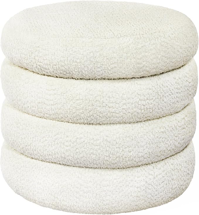 Storage Ottoman, Round Ottoman with Storage, Vanity Stool Foot Rest with Removable Lid, Round Boucle Upholstered for Living Room Pouf Footstool