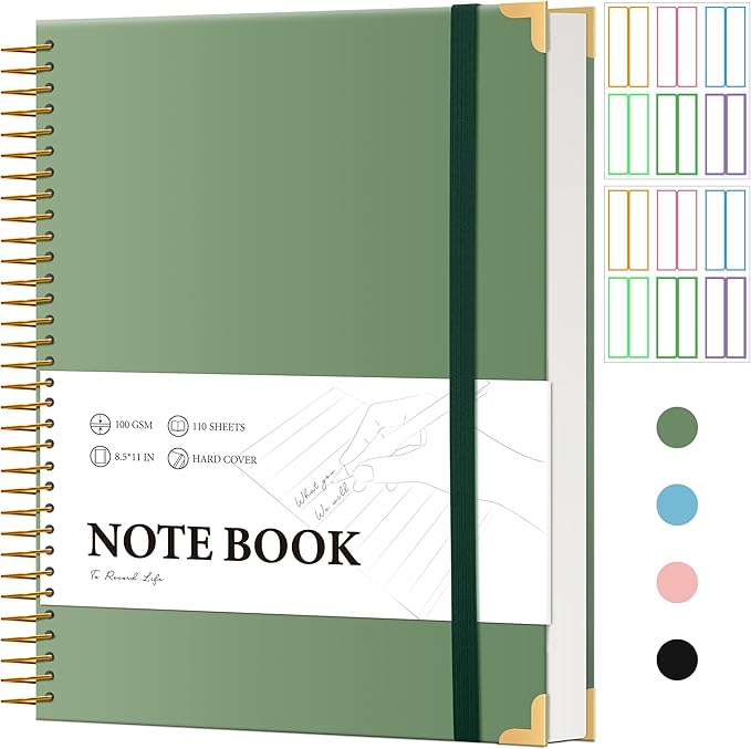 Large Spiral Notebook College Ruled with Tab Stickers A4 Notebooks for School Supplies Hardcover Spiral Notebook 8.5 x 11 Journal Note Book for Work Note Taking Women Men Writing, 220 Pages, Green