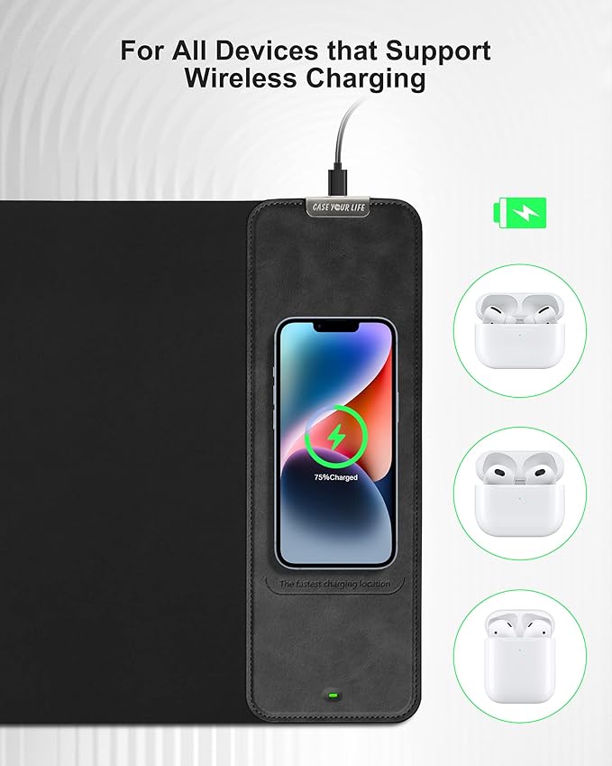 Mouse Pad with Wireless Charging, Black Mousepad Long Desk Mat, Large Gaming Mouse Pad, Soft Mouse Pad Gaming Desk Pad with Non-Slip Rubber Base, Extended Computer Keyboard Mat Office Mice Pad