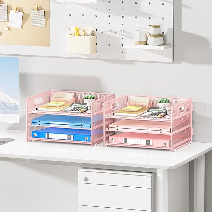 Subekyu 2-Pack 3-Tier Pink Metal Mesh Desk Paper Letter Tray & File Sorter Organizer with Handle + 1 Sliding Tray for Desk, Home, Office, School Supplies, A4 Paper and Accessories Storage